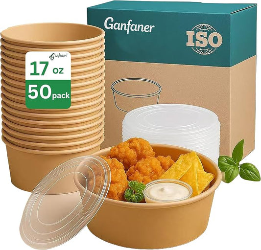 17oz Disposable Round Paper Bowls with Lid, 50 Sets Deli Containers Box Spillproof Acai Bowls, To Go Salad Bowl for Lunch Meal, Paper Meal Prep Box for Soup Toppings Snack Camp Family by GanfanerEcoPackHomeKitchen