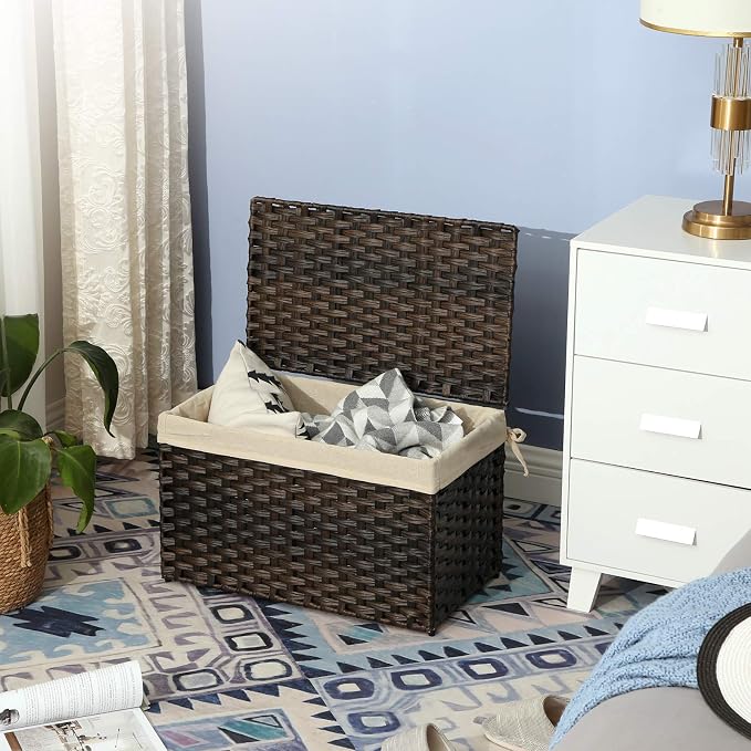 SONGMICS Storage Basket with Lid, Woven Blanket Storage Bin with Handles, Foldable, Removable Liner, Metal Frame, for Bedroom, Laundry Room, 17.2 Gallons (65 L), Brown URST56BR - Image 5