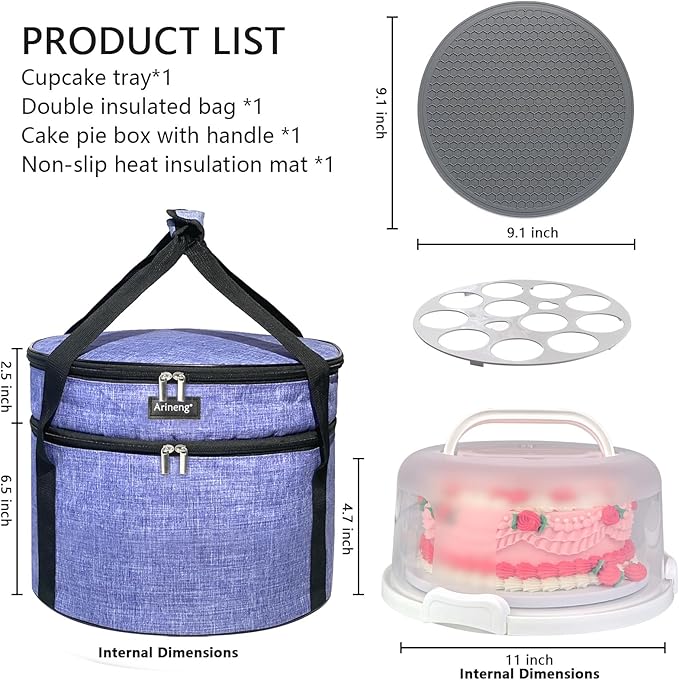 10 inch Round Cake Carrier Box with Lid and Handle, Transportation Insulated Bag for Cakes, Cupcakes and Pies, Triple Locking Design for Safe Transportation (Purple, 5.5 Inches High) - Image 2