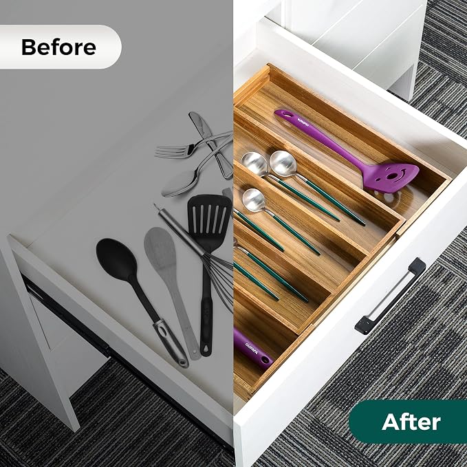 Utoplike Acacia Kitchen Drawer Organizer Expandable, Utensils Cutlery Tray | Large Silverware Divider for Knives, Flatware, Knives in Kitchen, Bedroom, Living Room, Adjustable 3-5 Slots - Image 5