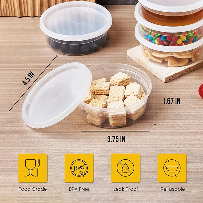 OCS Parts 48-Pack Round 8 Ounce Plastic Deli Containers with Lids | Stackable, Microwavable, Freezer and Dishwasher Safe BPA Free Food Prep and Storage Containers - Image 2
