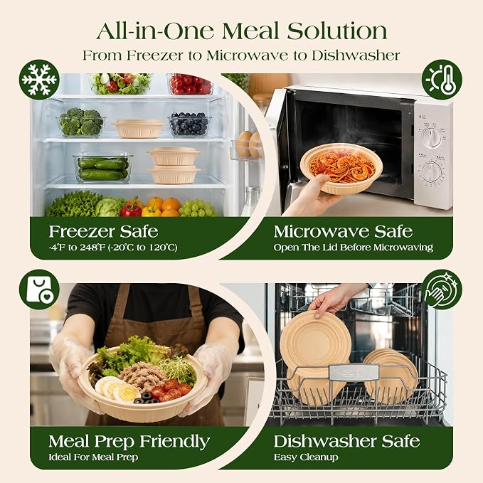 100 Piece (50 Pack) Meal Prep Bowl Containers with Lids, Cornstarch Round Food Containers for Lunch Salad Deli Soup, BPA Free Plant-based Take Out Containers Microwave & Freezer Safe, 16 oz - Image 8