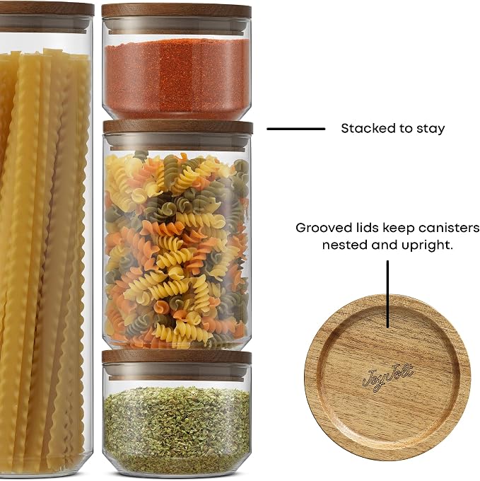 JoyJolt Holden 7-Piece Stackable Glass Storage Containers with Lids, Airtight Food Canister Set with Acacia Wood Lids, Round Stacking Pantry and Kitchen Containers for Pasta, Flour, Sugar, Coffee - Image 7