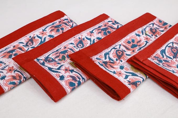 14x14 Inches Cotton Napkins Set of 4, Yellow Red, Washable Hand Block Printed Reusable Cloth Napkins for Dinning, Party, Wedding, Home Decor Fall - Image 9