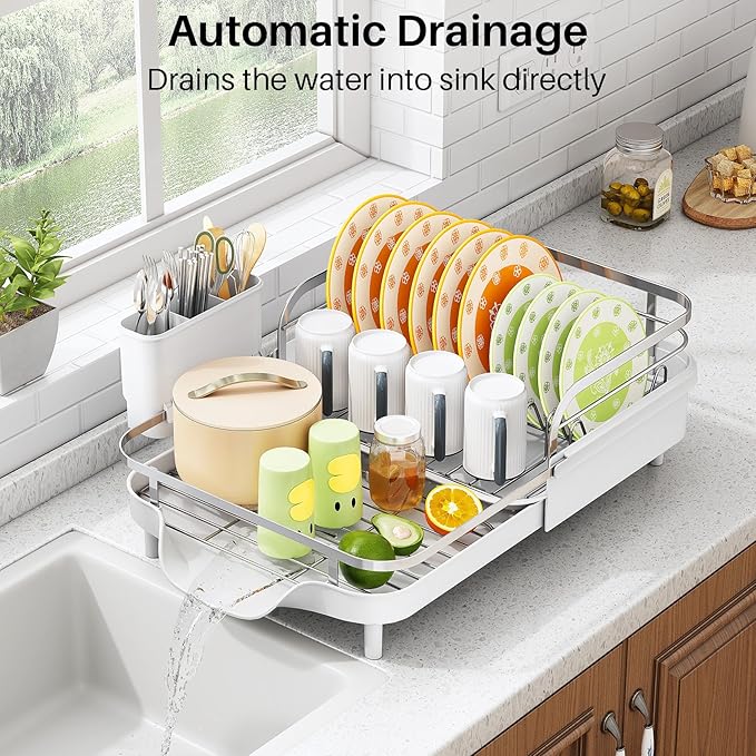 SAYZH Expandable Dish Drying Rack for Small Kitchen Counter, White | Stainless Steel, Protective Guardrail, Angled Drainboard, Fits High-Rim Sinks, Removable Utensil Holder - Image 5