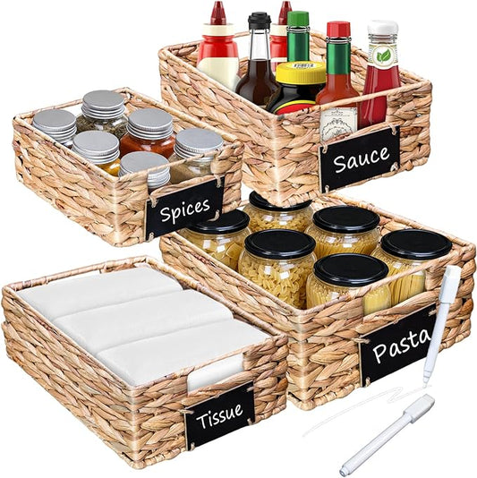 Set of 4 Sizes Hand-Woven Pantry Shelf Baskets, Hyacinth Storage Baskets with Chalkboard Labels & 2 Chalk Markers, Wicker Nestable Shelf Basket Set for Organizing Pantry Laundry Shelves by SEEKELEGANT