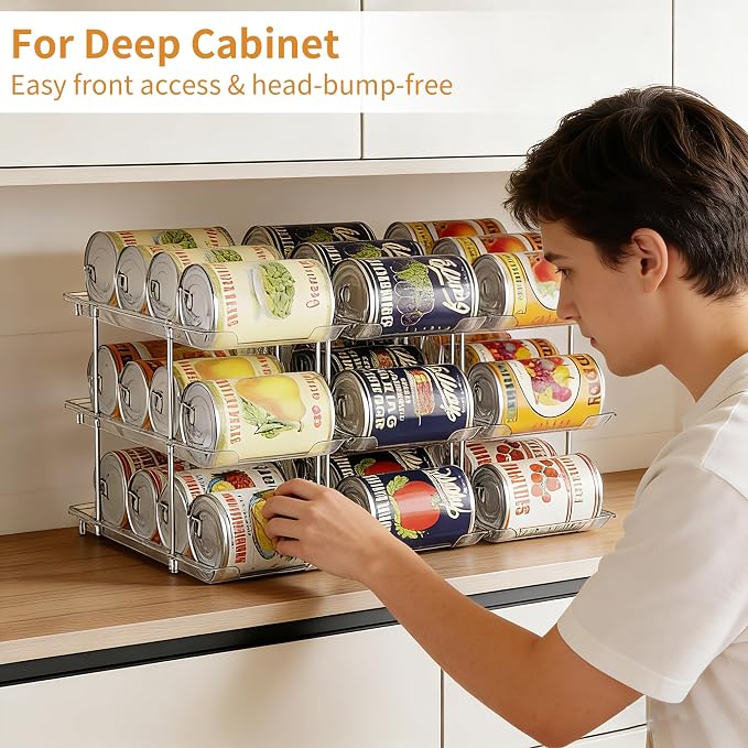 LXLXXL Can Organizer for Pantry Canned Food Storage Goods Holders 3 Tier | Automatic Rolling, Clear Acrylic Can Storage Rack, Sturdy and Stackable Shelf, for Fridge Cabinet Pantry Kitchen Organizer - Image 3