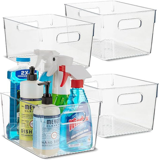 Plastic Food Storage 4 Pack Clear Container Bin with Handles for Organizing Kitchen, Pantry, Refrigerator, Freezer, Pantry, Cabinet, Closet, Bathroom. 10”x7.5”x5.3” by primebox