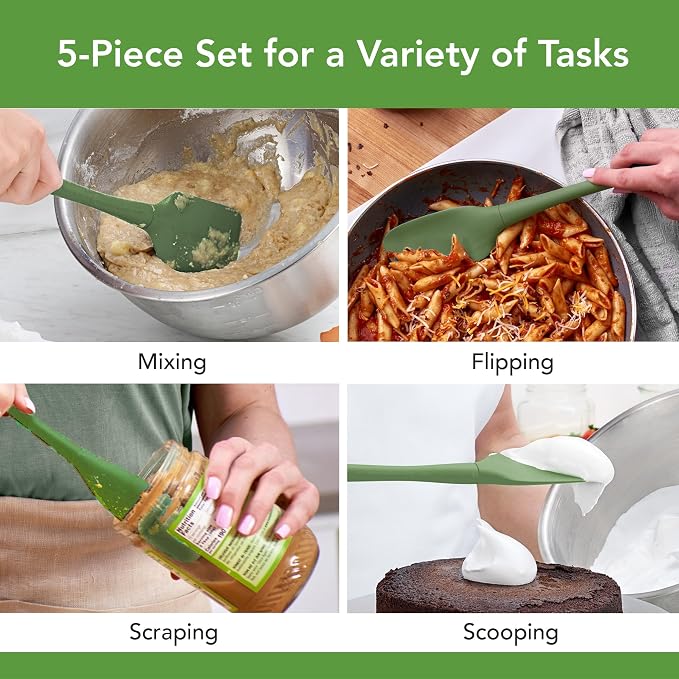 Tovolo Flex Core 5 Piece Silicone Spatula Set Heat Resistant All Silicone Utensils Include Non Stick Spatula Spoonula Jar Scraper, Dishwasher Safe BPA Free Spatulas for Baking Mixing, Pesto Green - Image 2