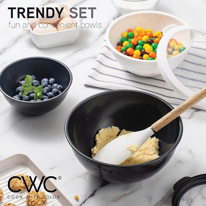COOK WITH COLOR Mixing Bowls with TPR Lids - 12 Piece Plastic Nesting Bowls Set includes 6 Prep Bowls and 6 Lids, Microwave Safe Mixing Bowl Set (Black and White) - Image 7