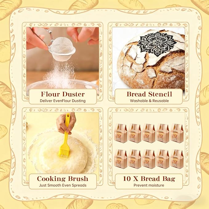 Sourdough Starter Kit, Sourdough Bread Baking Supplies, Round & Oval Banneton Bread Proofing Basket, Bread Sling, Starter Jar, Dough Whisk, Scrapers, Stencils & Bag, Complete Sourdough Kit Gifts - Image 6
