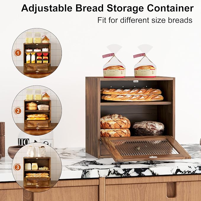 Alpeir Wooden Bread Box for Kitchen Countertop, Large Capacity with Ventilation Holes Adjustable Tiered-Shelf, Vintage Farmhouse Breadbox with Drawer & Window, Longer Freshness, Retro Brown - Image 2