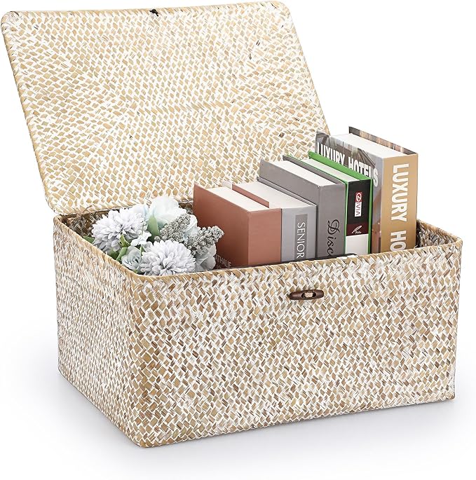 Hipiwe Wicker Woven Baskets Bin with Lid Seagrass Storage Basket, X-Large | Natural Decorative Baskets Rectangular Household Basket for Shelf Wardrobe Home Decor, Whitewash by Hipiwe