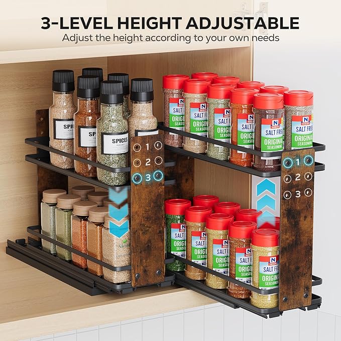 Nieifi Pull Out Spice Rack Organizer, 2 Tiers, Wood Grain | Spice Organization for Cabinet, Height Adjustable, Easy to Install - Image 5