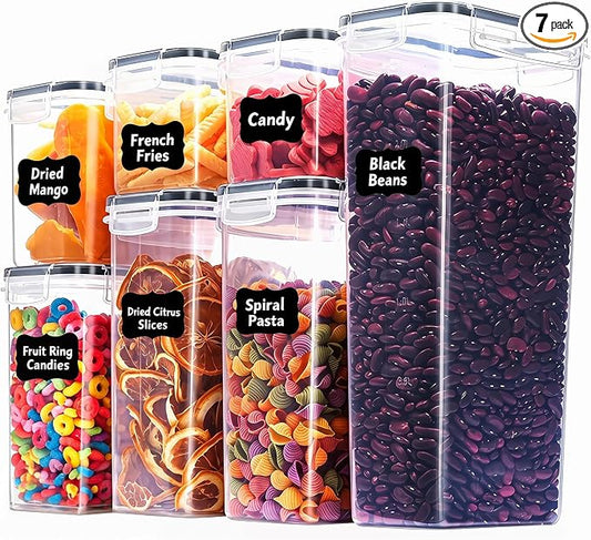 7 PCS Airtight Food Storage Containers with Lids, Plastic Kitchen and Organization Canisters for Cereal, Dry Food, Flour and Sugar, BPA-Free, PVC-Free, Includes Labels & Marker by Unknown