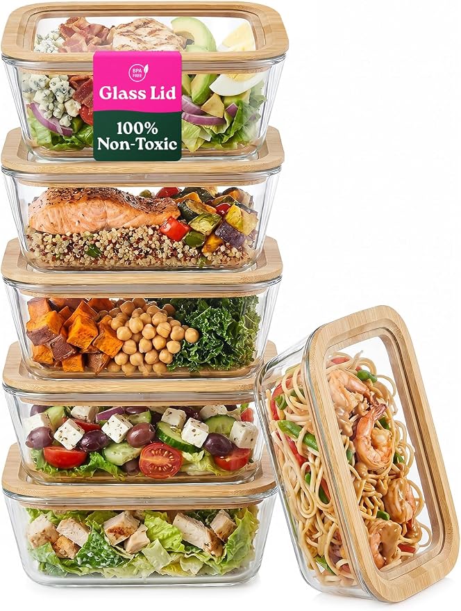 6-Pack Glass Food Storage Containers with Glass Lids & Bamboo Rim – Plastic Free 27 Oz Glass Meal Prep Containers for Lunch, Eco Friendly Airtight Food Storage, Microwave & Oven Safe - Image 9