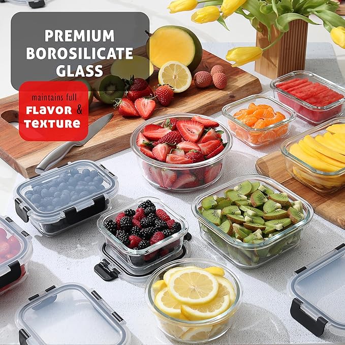 EATEX 48pc Glass Storage Containers with Lids, 24 Set Glass Food Storage Containers with 24 Airtight Lids, Pantry Kitchen Meal Prep Containers for Lunch, Freezer Storage Containers, Dishwasher Safe - Image 2