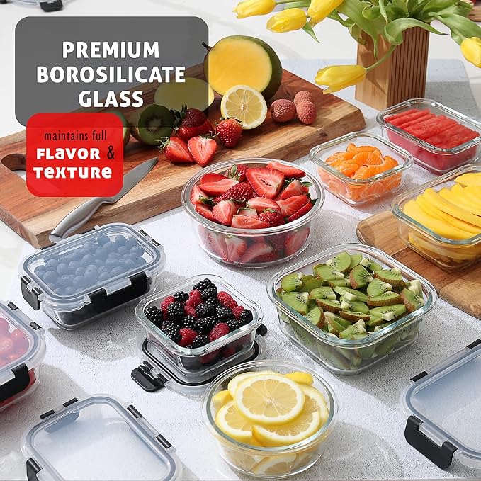 EATEX 48pc Glass Storage Containers with Lids, 24 Glass Food Storage Containers with 24 Airtight Lids for Pantry & Kitchen, Meal Prep Containers for Lunch, Oven Freezer Microwave & Dishwasher Safe - Image 2