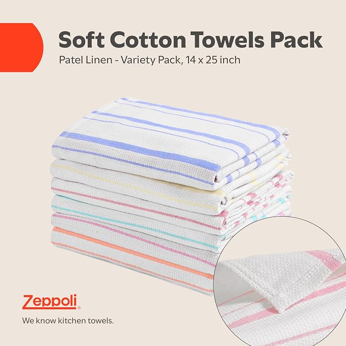 Zeppoli Classic Kitchen Towels - 6 Pack 100% Natural Cotton Towel Set, Reusable Wash Cloths, Absorbent Dish Towels, Machine Washable Hand Towels, Kitchen Essentials, 20” x 28” - Pastel VAR - Image 2