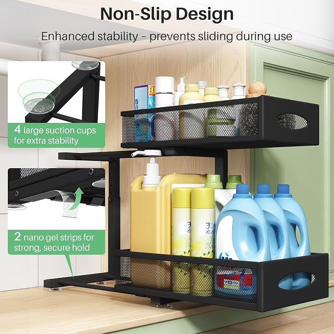 Under Sink Organizer, 2 Tier Pull out Cabinet Organizer Baskets with Mesh Sliding Drawers, Slide out Storage Shelf for Home, Kitchen, Bathroom, Pantry, Office Cabinet, Countertop(1 Pack) - Image 6