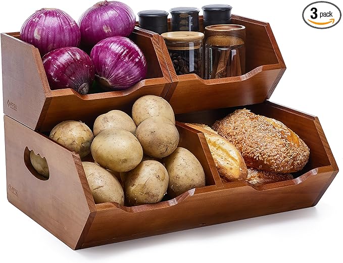 HYPIGO Wood Pantry Storage Baskets, Stackable Large Capacity Potato and Onion Storage Bins, Kitchen Pantry Organizers for Vegetables, Bread, Spices (Set of 3) by HYPIGO
