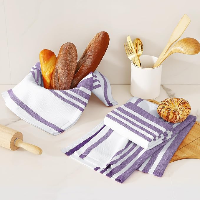 Homaxy Premium Cotton Stripe Kitchen Towels 3 Pack, 18"x 28", Purple | Large 380 GSM Kitchen Hand Towels, Soft Terry Dish Towels, Highly Absorbent Tea Towel Set with Hanging Loop - Image 6