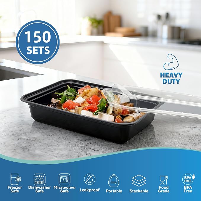 32oz Food Storage Containers with Lids,150 Sets Disposable Meal Prep Boxes | Single Serving Meal Prep Boxes,Leak-Proof, Microwave Freezer Safe,Black To-Go Containers For Lunch Portion Control & Catering - Image 3