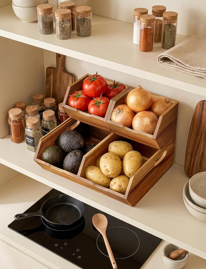 TIDITA Set 3 Wood Potato and Onion Storage Bin, Stackable Product Basket | Acacia Wood, Built-in Handles, Ventilated Pantry Storage Bins, 50LBS Capacity, Non-skid Pad, Slatted Bottoms, Multi-Use - Image 6