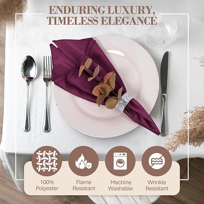17 x 17-Inch Shantung Satin Cloth Napkins, Plum, Set of 36 | Bulk Case of 3 Dozen, Square, 100% Polyester Fabric, Reversible, Faux Dupioni Silk Reverse Side, Machine Washable, Purple - Image 2