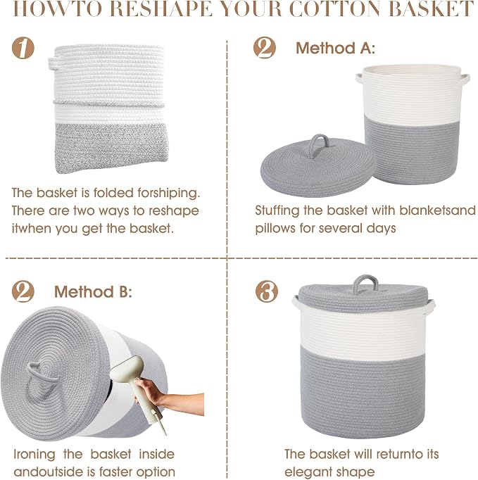 Large Storage Basket with Lid 60L, 16"Wx18"H Woven Laundry Hamper Basket with Handle, Room Decor Cotton Rope Wicker Basket Toy Organizer Bins for Clothes Blankets Pillows, Gray/White Mix includes Lid - Image 4