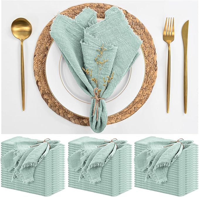 60 Pack Sage Green Napkins Cotton Linen Napkins 16 x 16 Inch Green Napkins Cloth Handmade with Fringe Soft Cloth Napkins Washable Rustic Dinner Napkins Cloth for Wedding Party Dinner Table by ABKLESACH