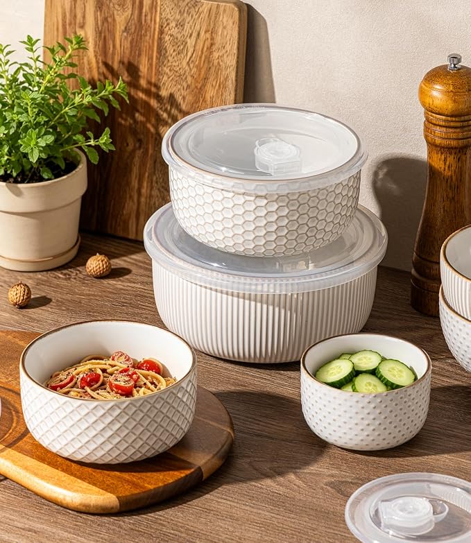 GBhome Ceramic Mixing Bowls Set of 4, Stoneware Nesting Serving Bowls | 48/30/18/10 oz For Prep, Baking, Serving, Gift, Microwave and Dishwasher Safe, Embossed Dishware Collection-Off White - Image 3
