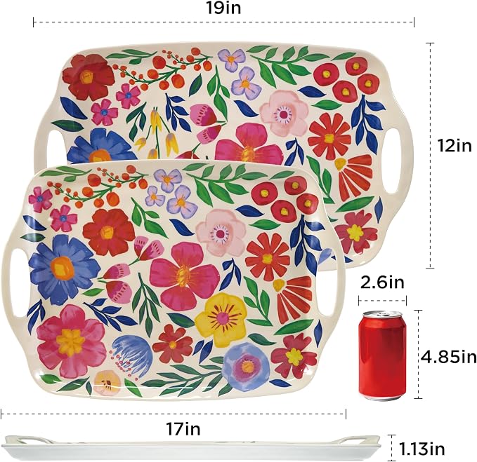 TP Large Melamine Serving Trays with Handles, 19" x 12", Set of 2, Floral | Rectangular Trays, Serving platters, Turkey and Party Serving, Lightweight, Break-resistant - Image 2