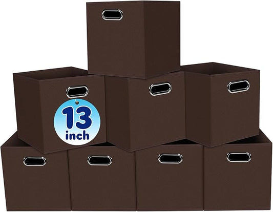 Fabric Cubby Storage Bins,13x13x13 Inches,Cube Organizer Bin Foldable Storage Boxes with Dual Handles Fabric Organizer Box and collapsible Storage basket,Set of 8,Coffee by Yunkeeper