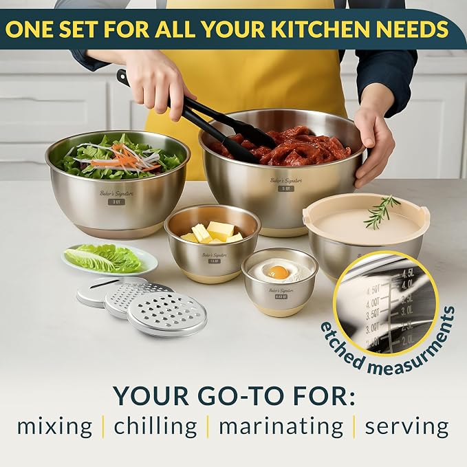 Baker's Signature Stainless Steel Mixing Bowls with Lids Set, 5 Sizes | 3 Graters, Non-Slip Base, Airtight Metal for Kitchen, Food Prep, Storage, 0.63QT-5QT, Khaki - Image 7