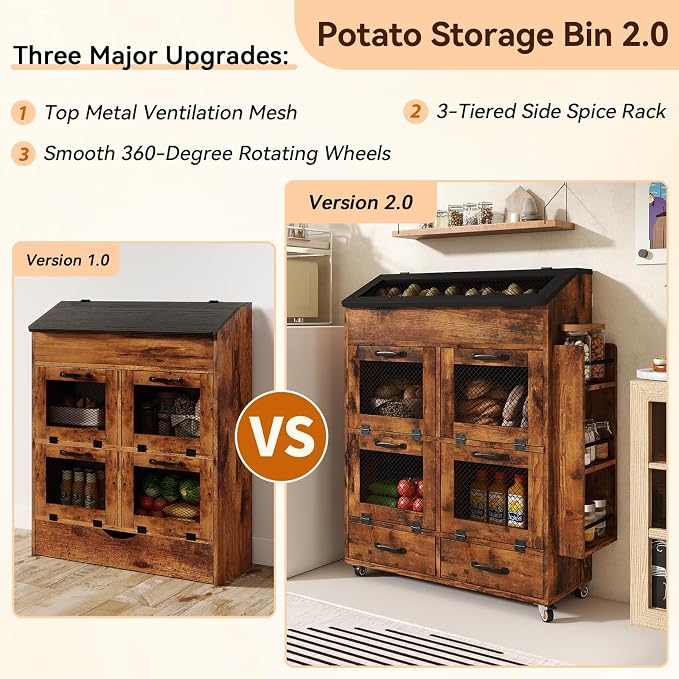 Verano Garden 31.5" Large Potato and Onion Storage Bin on Wheels, Bread Box | Fruit and Vegetable Organizer, Rolling, Side Rack, Flip-top, Mesh Doors, 4-Tier, Grocery Section, Ventilated, Wood, Kitchen - Image 7