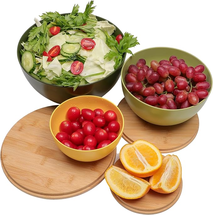 ECOWAY Salad Bowl Set of 3 with Bamboo Lids, Mixing Bowl Set, Nesting Bowls for Space Saving Storage, Made with Durable Eco-Friendly Bamboo Fiber, Great for Prepping and Serving Food (3 Colors) - Image 2