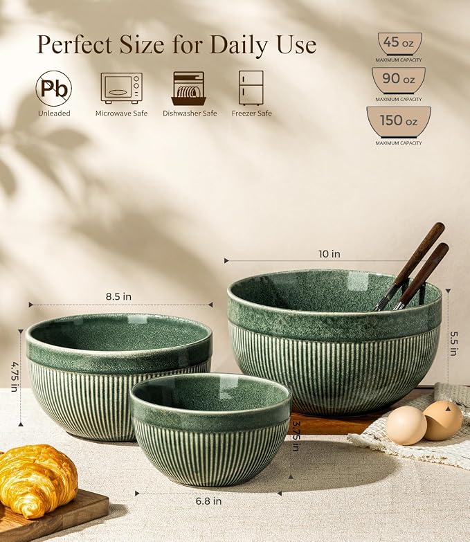 GBhome Ceramic Mixing Bowls Set of 3, Stoneware Nesting Serving Bowls, | 45/90/150 oz For Prep, Baking, Serving, Gift, Microwave and Dishwasher Safe, Ribbed Dishware Collection,Dark Green - Image 3