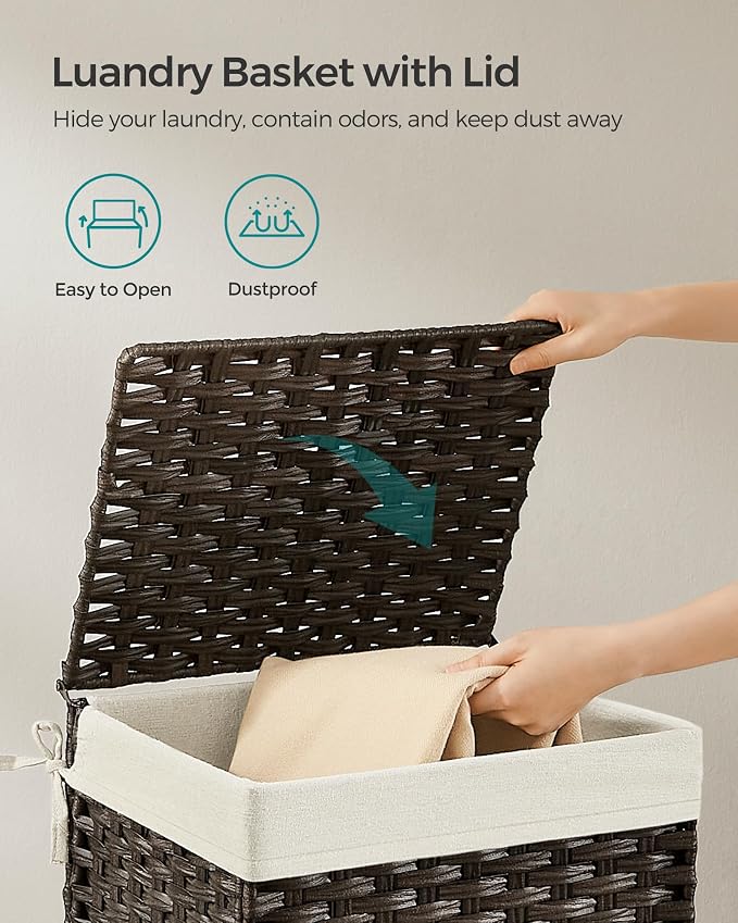 SONGMICS Storage Basket with Lid, Woven Blanket Storage Bin with Handles, Foldable, Removable Liner, Metal Frame, for Bedroom, Laundry Room, 9.2 Gallons (35 L), Brown URST040K01 - Image 4