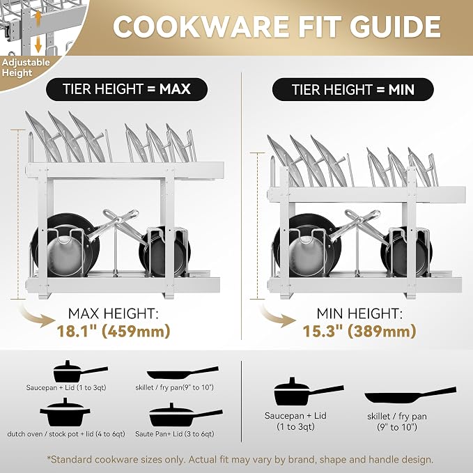 2-Tier Pots and Pans Organizer Under Cabinet Kitchen 12" W *22" D | Pull out Cabinet Organizer for Pots, Pans, and Lid Cookware, Adjustable Heavy Duty Wire Pan and Pot Rack, Full-Extension Rail - Image 6