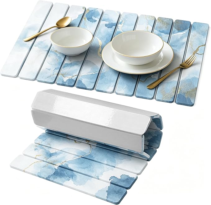 Stone Drying Mat for Kitchen Counter, Quick Diatomaceous Earth Mats for Dishes, 24"L x 16" W Super Absorbent Fast-Drying Collapsible Countertop Stone Mat (Marble White Blue, 24" x 16") by Unknown