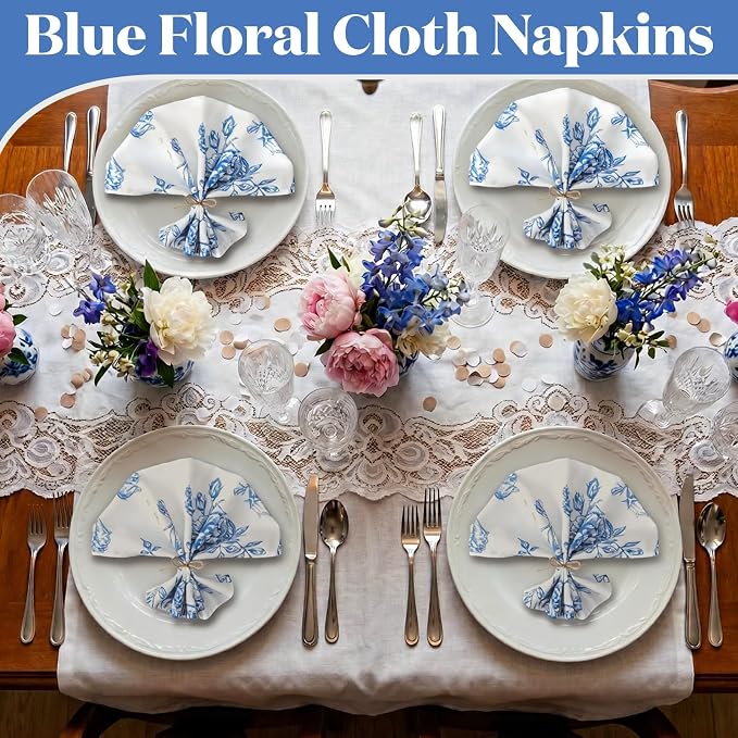 12 Pcs Floral Cloth Napkins 6 Patterns Washable Dinner Tea Party Napkins Reusable Plant Flowers Square Napkin Cotton Towel Decorative for Summer Wildflower Party(Blue Floral) - Image 7