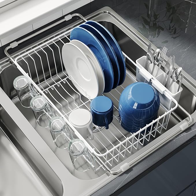 JASIWAY White Dish Drying Rack in Sink, Dish Drainer with Utensil Holder | Over The Sink Expandable Stainless Steel Strainer Dryer Rack for Small Kitchen, Counter Space Saving, Fast Drain, Rustproof by JASIWAY