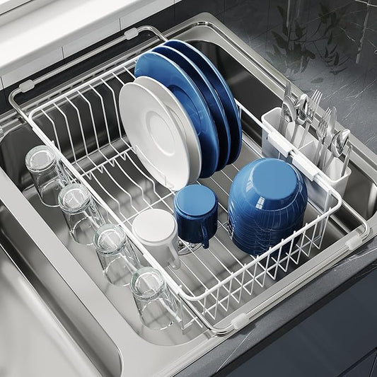 JASIWAY White Dish Drying Rack in Sink, Dish Drainer with Utensil Holder | Over The Sink Expandable Stainless Steel Strainer Dryer Rack for Small Kitchen, Counter Space Saving, Fast Drain, Rustproof by JASIWAY