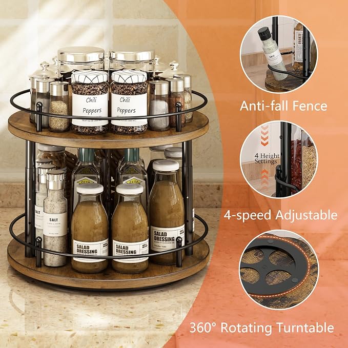 2 Tier Lazy Susan Organizer,2-Tier Spinning Spice Rack with Stable Carousel Base & 4 Height Settings for Cupboard Kitchen Countertop Dining Table Cupboard (Two-Ply(Round)) - Image 3