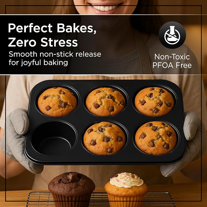 Wrenbury Jumbo Muffin Pan 6 Cup Set of 2 - Nonstick XL Deep Muffin Pan for Baking 3.75" Cup - Big Cup Tin - Oversized Extra Large Cupcake Mold - PTFE Free - Image 4