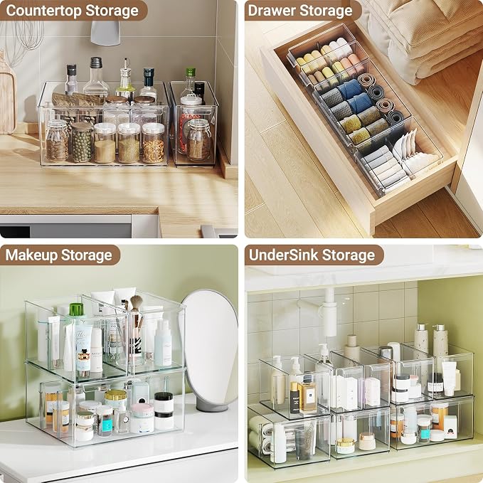 Clear Plastic Storage Bins with Dividers for Fridge Pantry Organizers and Storage Containers, 6 Pack Large Acrylic Stackable Sturdy Storage Boxes for Home Edit and Cabinet Organizers C6-4 - Image 8