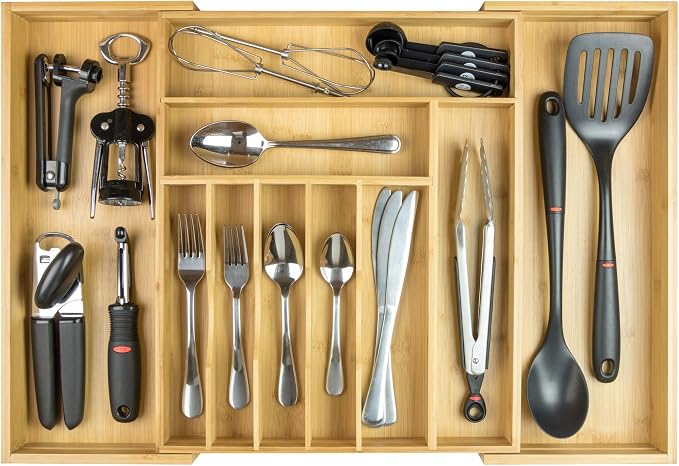 Silverware & Utensil Drawer Organizer, 14-25 in, Bamboo | Cutlery, flatware, food-safe contract grade, kitchen drawer fit by KitchenEdge