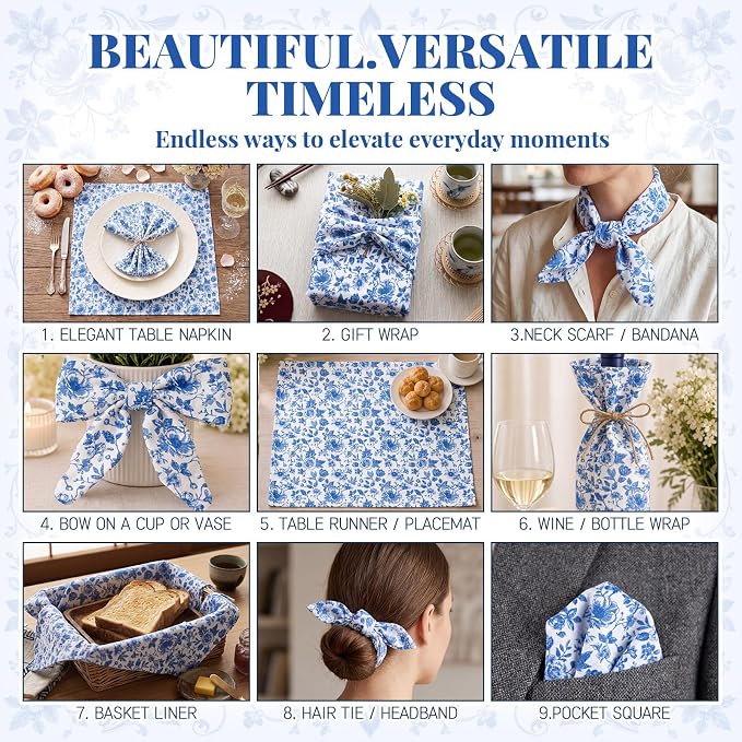 Tegeme 24 Pcs Blue and White Floral Cloth Napkins 15" x 15" Reusable Cotton Napkins, Blue Floral Napkin for Spring Tea Party, Wedding, Catering & Home Decor - Image 3