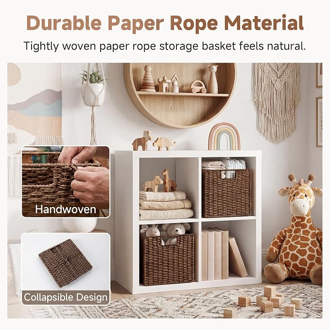 StorageWorks 11 inch Cube Storage Bins, Wicker Storage Cubes 11x11x11,Brown | 2-Pack, Handwoven Square Cubes Baskets, Foldable Paper Rope Baskets for Organizing, Square Baskets, Wicker Basket for Storage - Image 5